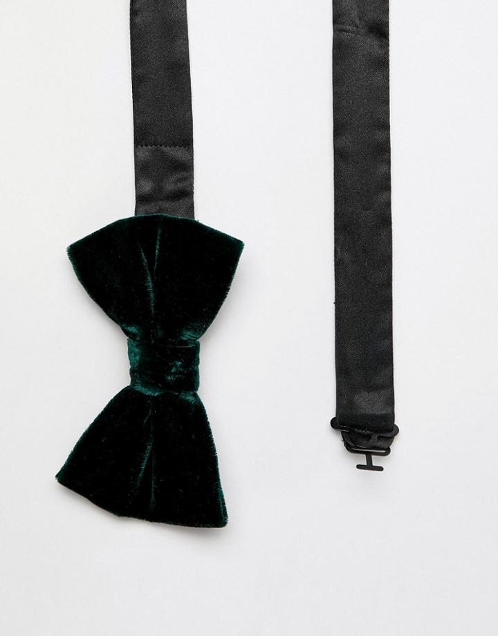 Moss London Velvet Bow Tie In Bottle Green - Green