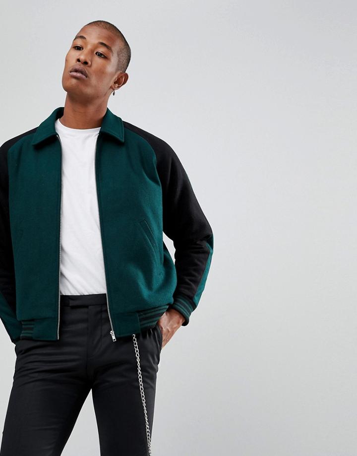 Asos Varsity Jacket In Bottle Green - Green