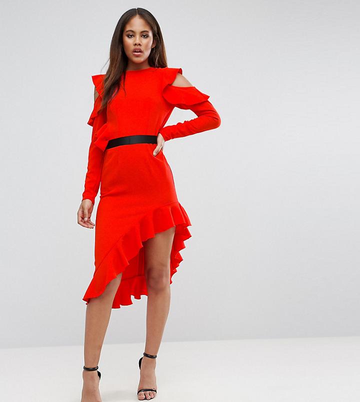 Asos Tall Cold Shoulder Crepe Asymmetric Dress-red