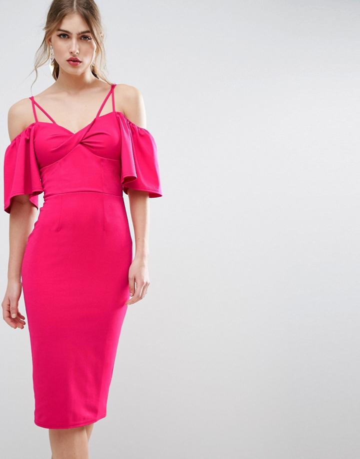 Asos Twist Front Trumpet Sleeve Midi Dress - Pink