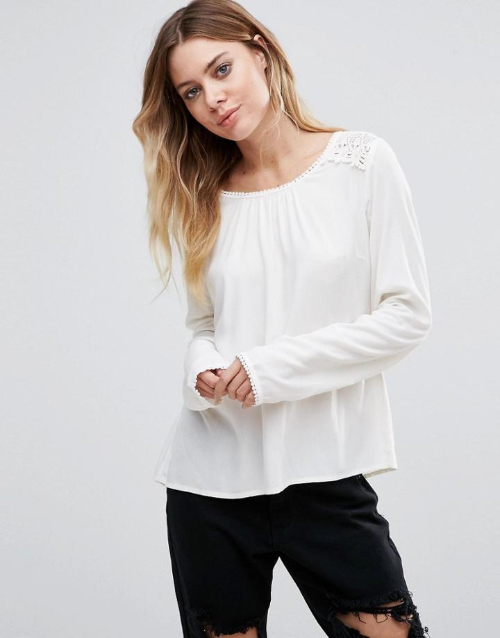 Vila Long Sleeve Blouse With Crochet Panel - White