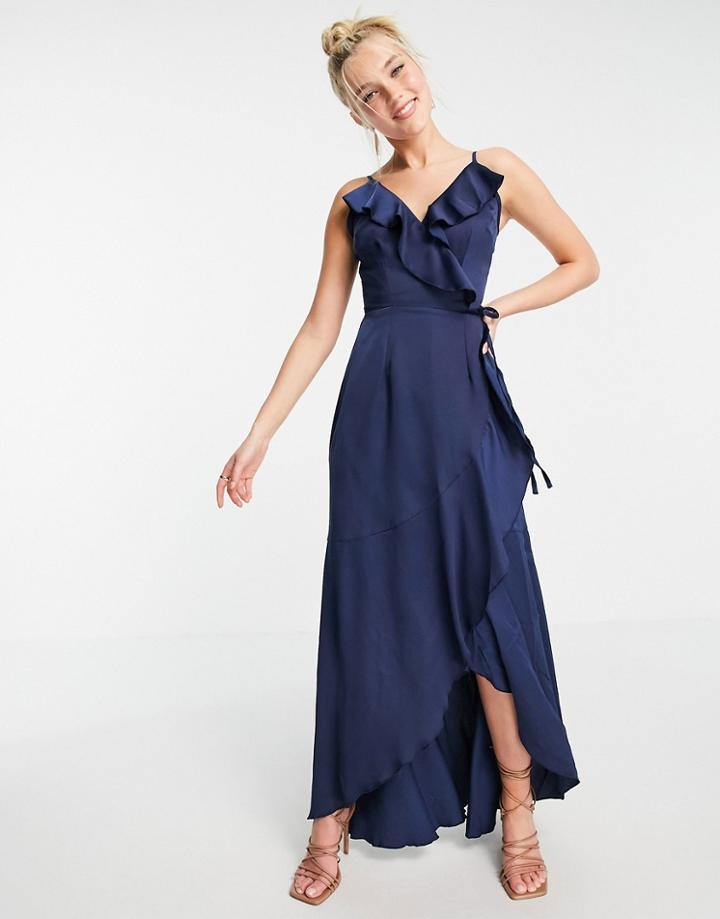 Little Mistress Ruffle Wrap Midaxi Satin Dress In Navy
