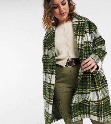 Asos Design Curve Brushed Check Db Coat In Green