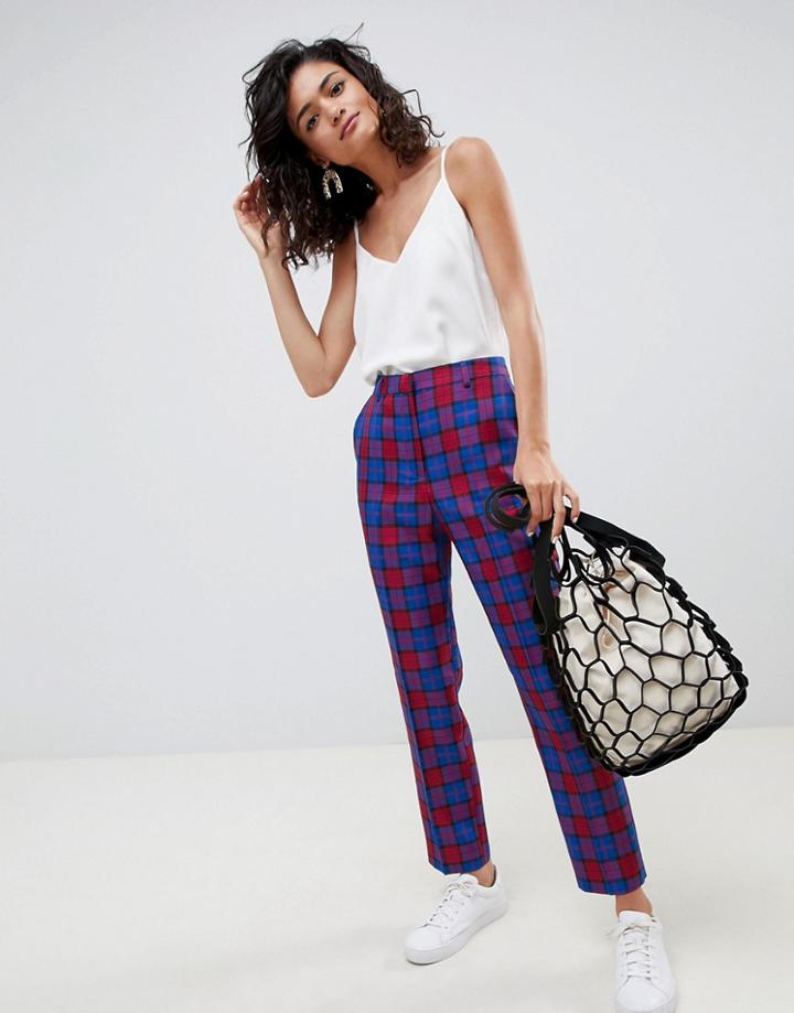 Asos Design Blue And Red Check Slim Pants - Multi