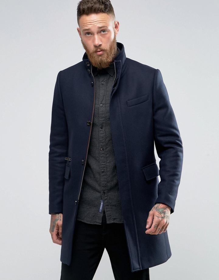 Ted Baker Overcoat With Funnel Neck - Navy