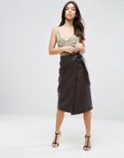 Asos Textured Leather Skirt With Tie Waist Detail - Brown