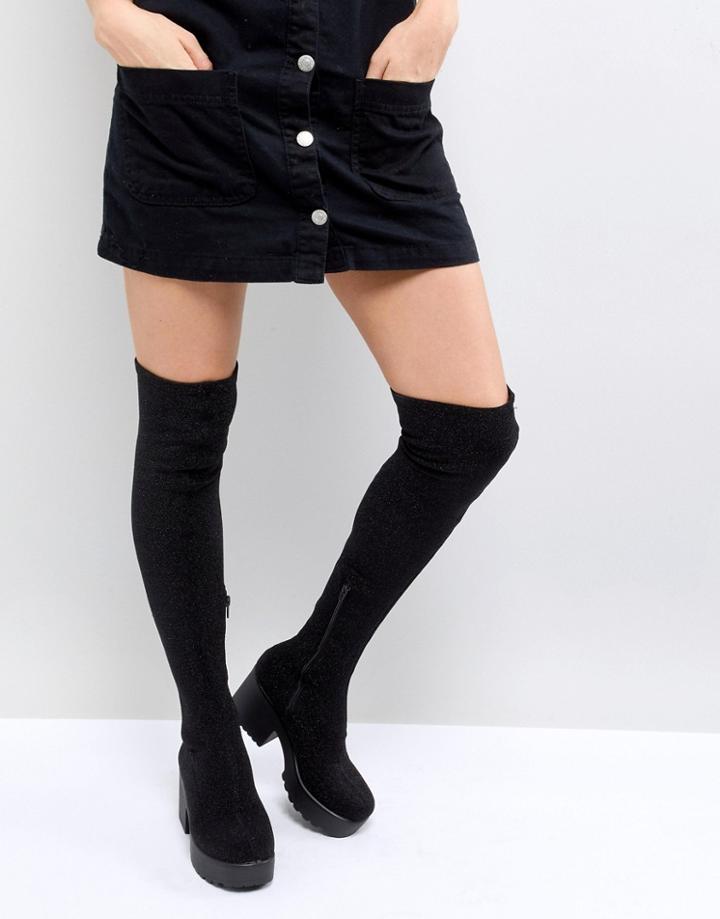 Pull & Bear Glitter Knee Boot - Black