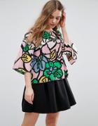 Traffic People Bold Print Bell Sleeve Top - Pink