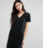 Asos Tall Denim V-neck Dress With Raw Hem In Washed Black With Sleeve - Black