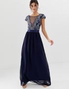 City Goddess Pleated Maxi Dress With Embrodiered Detail - Navy