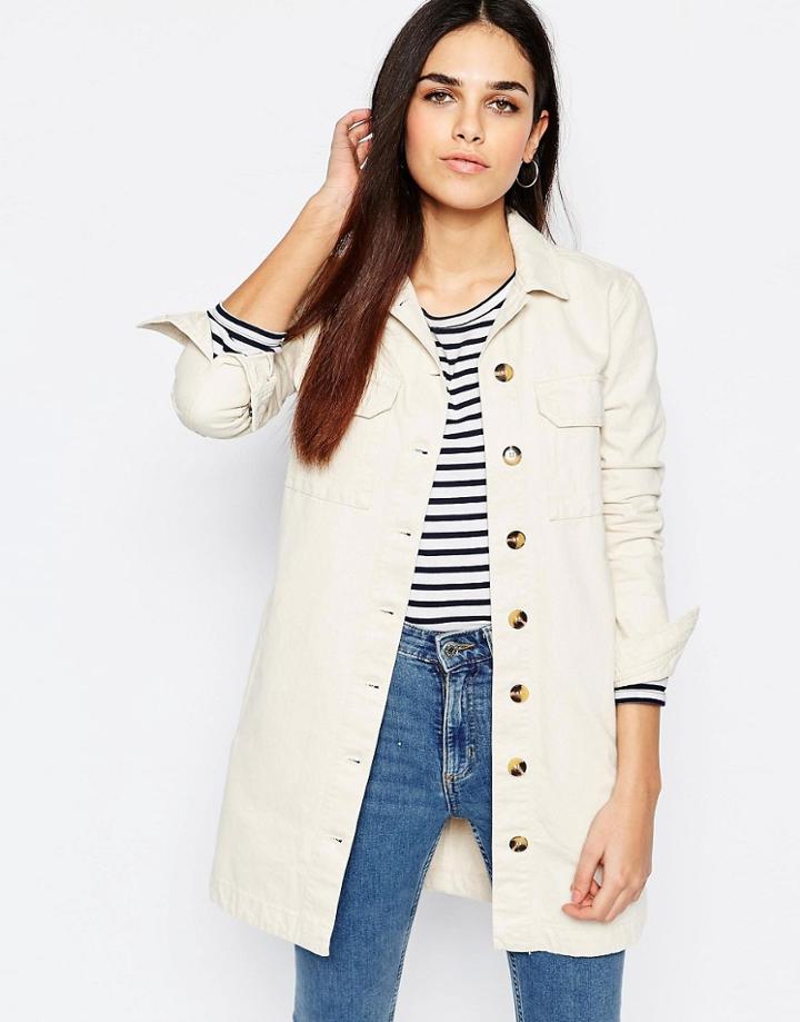 Warehouse Denim Stone Wash Longline Jacket - Cream
