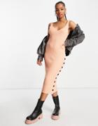 Miss Selfridge Eco Button Rib Sleeveless Knit Midi Dress In Peach-orange