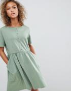 Asos Design Button Front Smock Dress With Pockets - Green