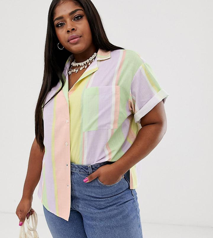 Asos Design Curve Short Sleeve Linen Shirt In Neon Stripe - Multi