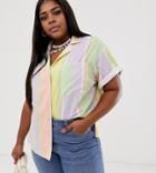 Asos Design Curve Short Sleeve Linen Shirt In Neon Stripe - Multi