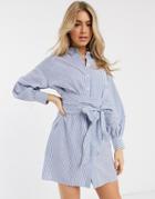 Asos Design Oversized Mini Shirt Dress With Wrap Around Belt In Stripe-multi