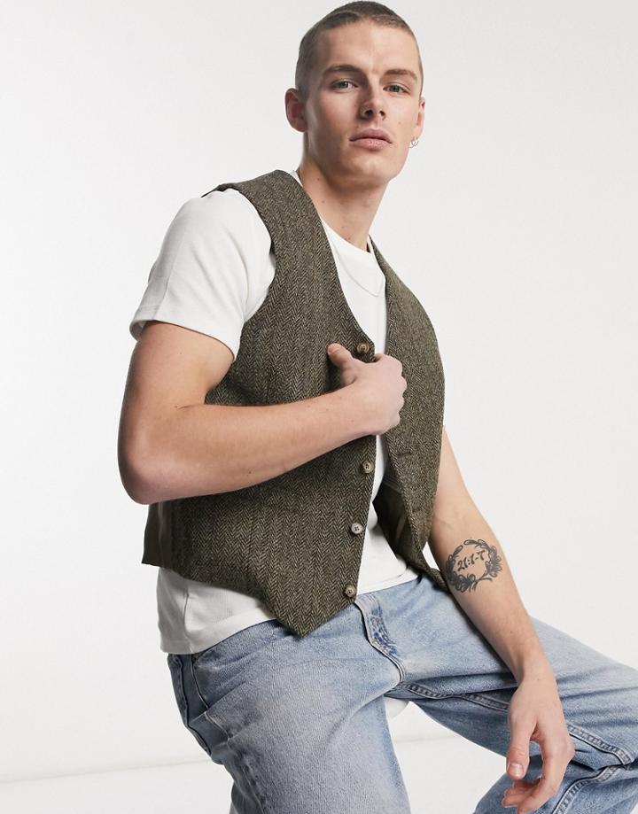 Asos Design Slim Harris Tweed Vest In Tobacco-brown