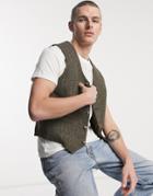 Asos Design Slim Harris Tweed Vest In Tobacco-brown