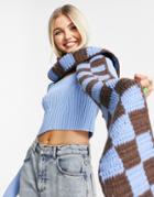 Asos Design Crochet Knit Checkerboard Scarf In Blue And Brown-multi