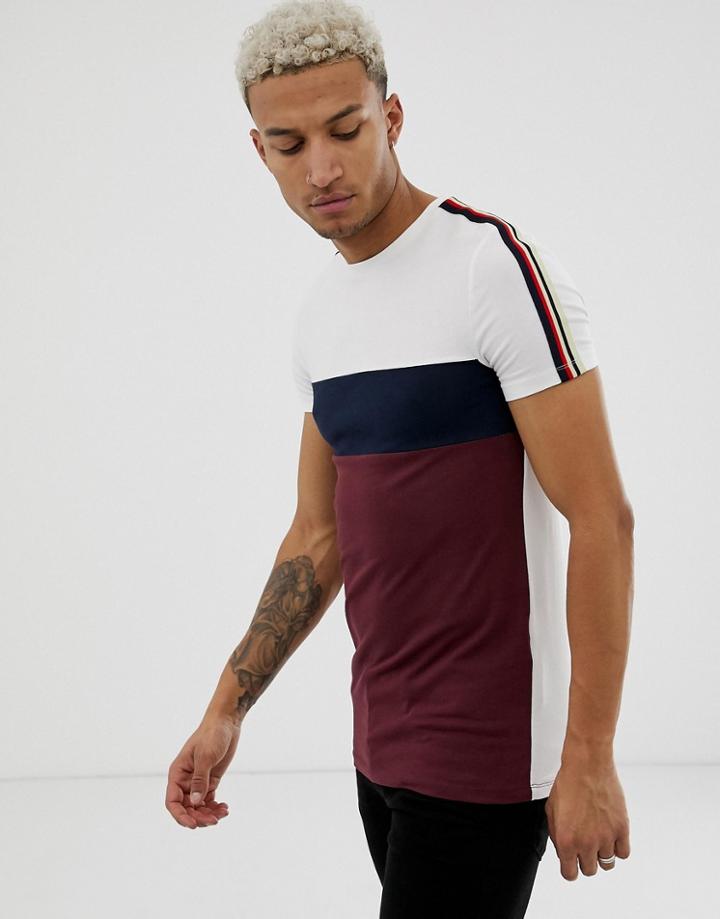 Asos Design Organic Muscle Longline T-shirt With Stretch And Contrast Taping In Burgundy-red