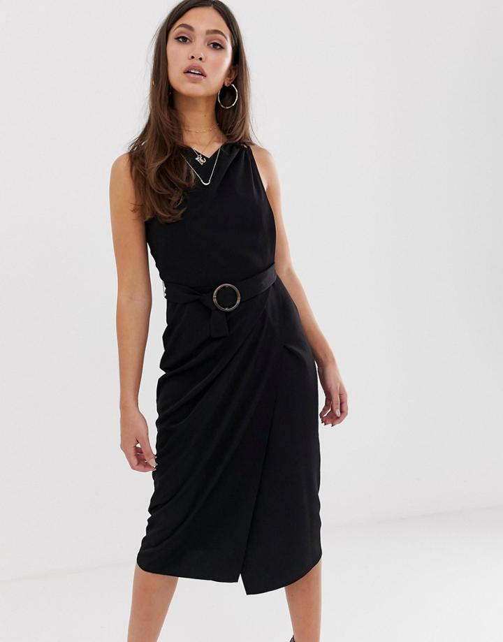 Asos Design Wrap Detail Midi Dress With Tortoiseshell Buckles - Black