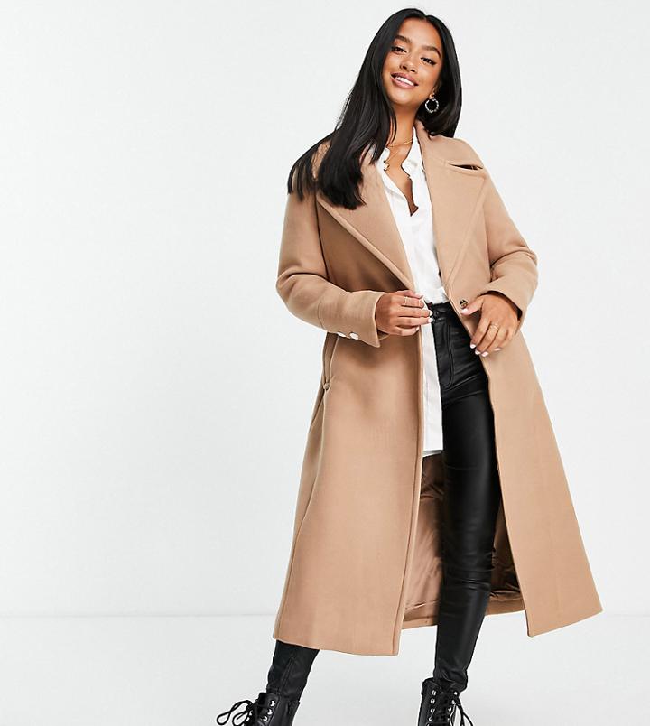 Forever New Petite Wrap Midi Coat In Camel-brown