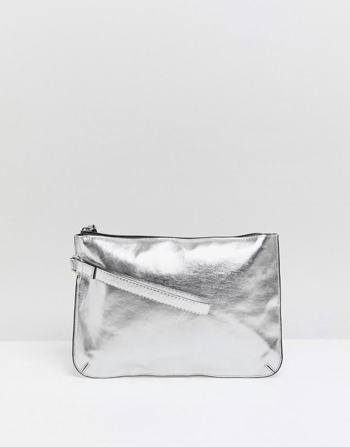 Asos Design Zip Top Wristlet Clutch Bag In Metallic - Silver