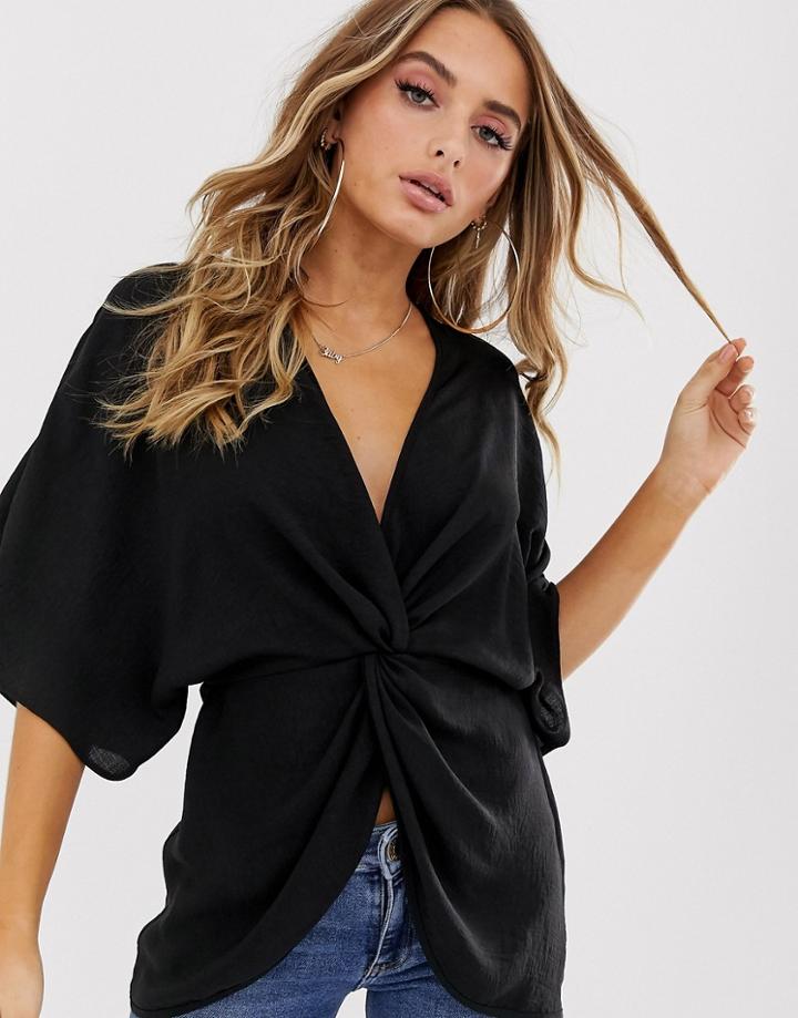 Asos Design Knot Front Top With Kimono Sleeve