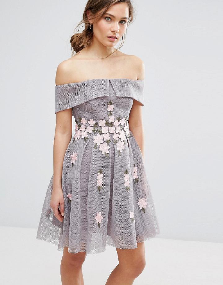 New Look Premium Floral Mesh Bardot Skater Dress - Gray