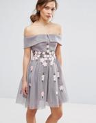 New Look Premium Floral Mesh Bardot Skater Dress - Gray