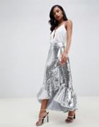 Tfnc Sequin High Low Skirt With Frills In Silver - Silver