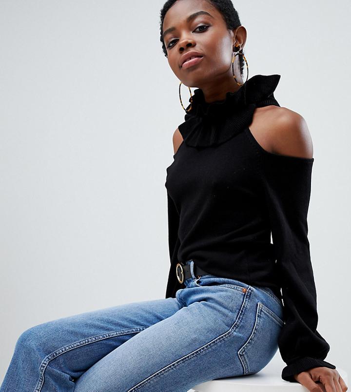 Lost Ink Petite Sweater With Frill Neck And Cold Shoulder In Fine Rib Knit - Black