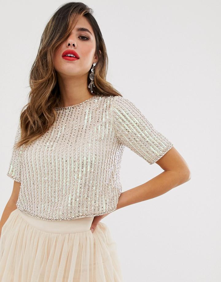 Lace & Beads Embellished Crop Top With Cap Sleeve In Pink