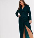Asos Design Curve Long Sleeve Maxi Dress With Knot Front Bodice In Velvet-green