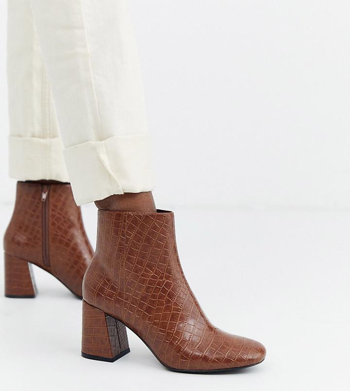 Monki Croc Print Block Heel Ankle Boots In Brown