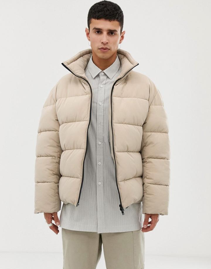 Asos White Boxy Puffer Jacket In Beige