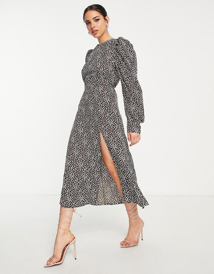 Ax Paris Puff Sleeve Midi Dress In Gray Print