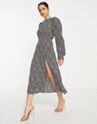 Ax Paris Puff Sleeve Midi Dress In Gray Print