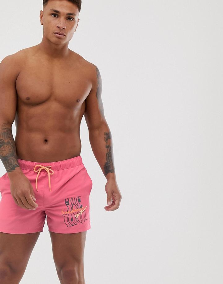 Asos Design Swim Shorts In Washed Pink With Text Placement In Short Length - Pink