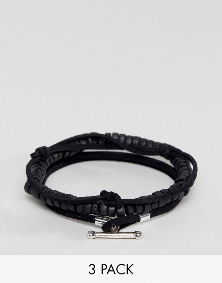 Icon Brand Bead & Woven Bracelets In 3 Pack - Black