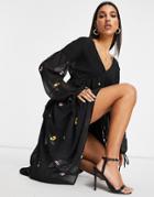 Asos Design Tiered Midi Dress With Pin Tucks And All Over Embroidery In Black