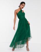 Asos Design One Shoulder Tulle Wired Hem Maxi Dress In Forest Green