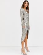 Tfnc Long Sleeve Sequin Wrap Midi Dress With Front Drape Details In Silver And Gold