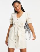 Miss Selfridge Denim Puff Sleeve Dress In Ivory-white