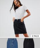 Asos Design Denim Original High Waisted Skirt In Washed Black And Mid Blue 2 Pack - Multi