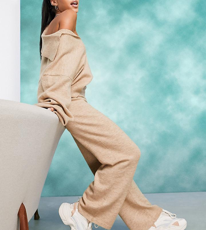 Asos Design Petite Coordinating Knitted Wide Leg Pants In Oatmeal-neutral