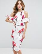 Asos Cold Shoulder Textured Bow Floral Midi Dress - Multi
