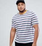 Asos Plus Relaxed Retro Stripe T-shirt With Chest Embroidery - Blue