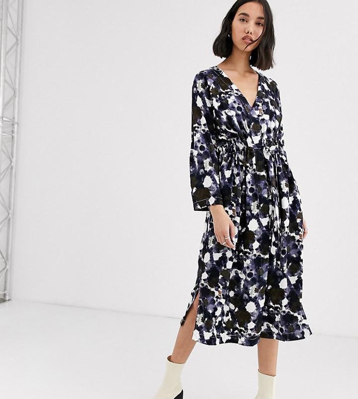 Native Youth Exclusive Smock Dress With Tie Waist In Abstract Smudge Print