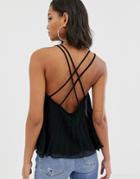 Asos Design Pleated Cami With Cross Back - Black
